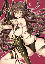 Rule 34 | 10s, 1girl, akishima kei, bad id, bad pixiv id, between breasts, bikini, blush, breasts, brown eyes, brown hair, draph, forte (shingeki no bahamut), granblue fantasy, horns, large breasts, long hair, looking at viewer, matching hair/eyes, navel, nipples, open mouth, polearm, solo, spear, swimsuit, underboob, weapon