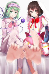 Rule 34 | 2girls, alternate costume, animal ears, barefoot, black hair, bow, bowtie, brown eyes, closed mouth, commentary request, feet, floral print, foot focus, green eyes, green hair, heart, heart of string, highres, inaba tewi, inaba tewi (happy patissiere), komeiji koishi, komeiji koishi (the wandering rose), multiple girls, pajamas, pink pajamas, rabbit ears, rabbit girl, red bow, red bowtie, rose print, shimotsuki aoi, short hair, simple background, sitting, sleep mask, smile, soles, third eye, touhou, touhou lostword, white background