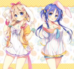 Rule 34 | 2girls, :d, animal ears, blonde hair, blue bow, blue eyes, blue hair, blue neckwear, blush, bow, breasts, cleavage, commentary request, dress, easter, easter egg, egg, hair bow, hand on own ear, jacket, jewelry, long hair, looking at viewer, low twintails, medium breasts, multiple girls, neck ribbon, neckerchief, open mouth, original, pendant, polka dot, purple ribbon, quad tails, rabbit ears, red bow, ribbon, ribbon trim, sailor collar, short dress, short hair, shorts under dress, smile, suimya, twintails, yellow bow, yellow jacket