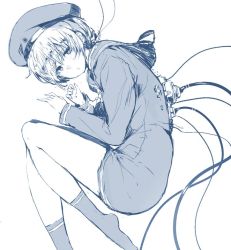 Rule 34 | 10s, 1girl, android, blue theme, clothes writing, cyborg, hat, kantai collection, lying, monochrome, on side, sailor collar, sailor hat, short hair, simple background, solo, sumisu (mondo), white background, z1 leberecht maass (kancolle)