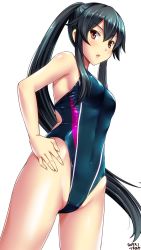 Rule 34 | 1girl, bare shoulders, black hair, blush, breasts, brown eyes, commentary request, competition swimsuit, covered navel, cowboy shot, gluteal fold, hair between eyes, hair over shoulder, hand on own hip, highleg, highleg swimsuit, highres, kantai collection, long hair, looking at viewer, medium breasts, one-piece swimsuit, open mouth, ponytail, sideboob, simple background, skindentation, solo, standing, swimsuit, thighs, tsuchimiya, very long hair, white background, yahagi (kancolle)