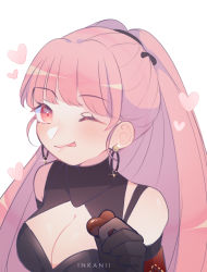 Rule 34 | 1girl, :q, artist name, black gloves, breasts, candy, chocolate, chocolate heart, cleavage, closed mouth, earrings, fire emblem, fire emblem: three houses, food, gloves, heart, highres, hilda valentine goneril, holding, inkanii, jewelry, long hair, nintendo, one eye closed, pink eyes, pink hair, ponytail, simple background, solo, tongue, tongue out, upper body, white background