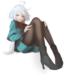 Rule 34 | 1girl, absurdres, ahoge, boots, commentary, frown, grey eyes, gundam, gundam suisei no majo, high heel boots, high heels, highres, long hair, long sleeves, looking at viewer, miorine rembran, pantyhose, pantyhose under shorts, shorts, sitting, solo, white background, white hair, xie yu