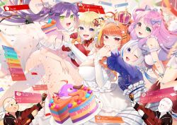 Rule 34 | 5girls, :d, ;d, absurdres, ahoge, amane kanata, bare shoulders, black ribbon, blonde hair, blue eyes, blue shirt, blush, bow, bracelet, breasts, cake, cake slice, confetti, crown, dated, demon tail, dress, fishnet legwear, fishnets, flower, food, green eyes, grin, hair bow, hair flower, hair ornament, hairclip, hand on another&#039;s thigh, happy birthday, heterochromia, high-waist skirt, highres, himemori luna, holding, holding spoon, holoforce, hololive, isuka, jewelry, kiryu coco, large breasts, long hair, long sleeves, looking at viewer, maid headdress, multicolored hair, multiple girls, one eye closed, open mouth, orange hair, pantyhose, party popper, pink hair, purple eyes, purple hair, red eyes, red ribbon, ribbon, shirt, skirt, smile, spoon, streaked hair, striped clothes, striped skirt, super chat, tail, tokoyami towa, translation request, tsunomaki watame, twintails, virtual youtuber, white dress, white hair