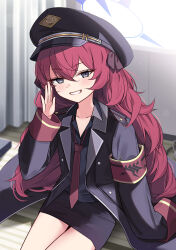 Rule 34 | 1girl, absurdres, armband, black coat, black hat, black shirt, black skirt, blue archive, blush, coat, collarbone, collared shirt, cowboy shot, grey eyes, grin, hair between eyes, halo, hat, highres, iroha (blue archive), long hair, long sleeves, looking at viewer, necktie, open clothes, open coat, peaked cap, purple halo, red armband, red hair, red necktie, safety pin, shirt, skirt, smile, solo, wasi