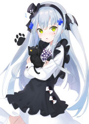 Rule 34 | 1girl, absurdres, animal, animal hug, apron, black apron, black cat, black hairband, black headwear, black ribbon, blush, bow, cat, commentary request, dress, facial mark, flying sweatdrops, frilled apron, frills, girls&#039; frontline, green eyes, hair ornament, hair ribbon, hairband, hat, highres, hk416 (black kitty&#039;s gift) (girls&#039; frontline), hk416 (girls&#039; frontline), long hair, long sleeves, looking at viewer, mini hat, mini top hat, mint (psmin30), official alternate costume, parted lips, ribbon, silver hair, simple background, solo, tilted headwear, top hat, two side up, very long hair, white background, white dress