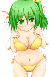 Rule 34 | 1girl, aged up, bikini, blush, breasts, cleavage, daiyousei, embodiment of scarlet devil, female focus, green hair, happy, large breasts, mokuyou, short hair, side-tie bikini bottom, simple background, smile, solo, swimsuit, touhou, white background, wings