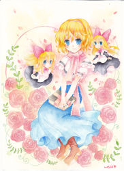 Rule 34 | 1girl, alice margatroid, blonde hair, blue eyes, blush, book, boots, capelet, cross-laced footwear, doll, dress, female focus, flower, hairband, lace-up boots, mosho, rose, sash, shanghai doll, signature, solo, touhou, traditional media