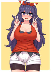 Rule 34 | 1girl, absurdres, alternate breast size, bike shorts, bike shorts under shorts, blush, border, bow hairband, breasts, cleavage, collarbone, cosplay, cowboy shot, creatures (company), double v, eyelashes, game freak, hair between eyes, hairband, hands up, hex maniac (pokemon), highres, large breasts, long hair, looking at viewer, may (pokemon), may (pokemon) (cosplay), nintendo, open mouth, pokemon, pokemon oras, pokemon xy, purple eyes, purple hair, shirt, short shorts, shorts, sleeveless, sleeveless shirt, smile, solo, standing, the only shoe, v, wavy mouth, white border, white shorts