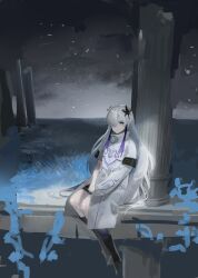 Rule 34 | 1girl, absurdres, asymmetrical sleeves, black footwear, black shorts, blue eyes, boots, bright pupils, cevio, coat, full body, grey hair, hair over one eye, high collar, highres, jiz (pffbq), kamitsubaki studio, long hair, long sleeves, looking at viewer, night, night sky, outdoors, own hands together, pier, sekai (cevio), shorts, sitting, sky, solo, star (sky), uneven sleeves, very long hair, white coat, white pupils