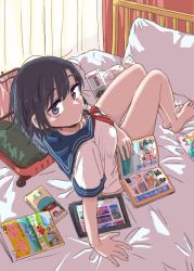Rule 34 | 1girl, arm support, barefoot, black hair, blue eyes, book, curtains, feet, female focus, highres, looking at viewer, magazine (object), on bed, original, pamphlet, pillow, red neckwear, school uniform, sitting, solo, suitcase, tablet pc, takahara hirota