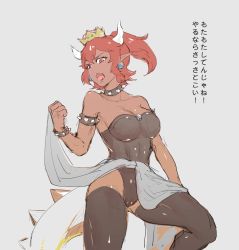 Rule 34 | 1girl, artist request, bad id, bad pixiv id, bare shoulders, black leotard, black thighhighs, bowsette, bracelet, breasts, brooch, cleavage, collar, collarbone, commentary request, cowboy shot, dark-skinned female, dark skin, earrings, grey background, hair between eyes, horns, jewelry, leotard, looking at viewer, mario (series), md5 mismatch, medium breasts, new super mario bros. u deluxe, nintendo, open mouth, pointy ears, ponytail, red eyes, red hair, resolution mismatch, sharp teeth, short hair, sideways glance, simple background, sketch, slit pupils, solo, spiked bracelet, spiked collar, spiked tail, spikes, strapless, strapless leotard, super crown, tail, teeth, thighhighs, thighs, toned, translation request