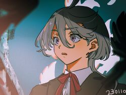 Rule 34 | 1girl, ahoge, black jacket, blue sky, blurry, blurry foreground, collared shirt, commentary request, dated, grey eyes, grey hair, gundam, gundam suisei no majo, haun, jacket, long hair, miorine rembran, neck ribbon, outdoors, parted lips, red ribbon, ribbon, school uniform, shirt, sky, solo, white shirt