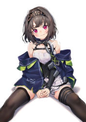 Rule 34 | 1girl, azur lane, bare shoulders, black hair, black thighhighs, blue jacket, blush, breasts, character name, closed mouth, clothes writing, collarbone, commentary request, cooper (azur lane), douya (233), hairband, halterneck, head tilt, jacket, long sleeves, looking at viewer, o-ring collar, off shoulder, red eyes, simple background, sitting, skindentation, small breasts, smile, solo, spread legs, thighhighs, thighs, white background
