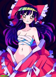 Rule 34 | 1girl, absurdres, black hair, bow, breasts, brown eyes, cleavage, collarbone, commentary request, frilled bow, frilled hair tubes, frilled skirt, frills, hair bow, hair tubes, hakurei reimu, highres, long hair, navel, open clothes, open shirt, parted lips, purple background, red bow, red skirt, sidelocks, simple background, skirt, small breasts, solo, srgreen 73, stomach, touhou, upper body, very long hair