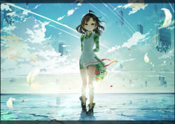 Rule 34 | 1girl, ahoge, apron, arms behind back, backlighting, black border, black footwear, black hair, blue eyes, blue sky, blush, border, bouquet, building, closed mouth, cloud, cluseller, commentary request, contrail, day, dress, flat chest, floating, floating object, flower, full body, gradient sky, green dress, hair intakes, half-closed eyes, happy, heel up, highres, holding, kemurikusa, lens flare, lily (flower), long hair, long sleeves, looking at viewer, nose blush, outdoors, petals, pink flower, red flower, red ribbon, red rose, reflection, ribbon, riri (kemurikusa), rose, scenery, shoes, short dress, sky, skyscraper, smile, solo, spoilers, standing, striped clothes, striped dress, sun, sunlight, sunrise, tears, translation request, white flower