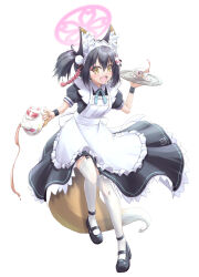 Rule 34 | 1girl, :d, absurdres, alternate costume, animal ear fluff, animal ears, apron, black hair, blue archive, blue bow, blue bowtie, bow, bowtie, commentary request, cup, dual wielding, enmaided, eyeshadow, fang, fox ears, fox girl, fox hair ornament, fox tail, frilled apron, frills, full body, garter straps, hair between eyes, hair ornament, halo, highres, holding, holding teapot, holding tray, izuna (blue archive), looking at viewer, maid, maid apron, maid headdress, makeup, mary janes, medium hair, one side up, open mouth, pom pom (clothes), pom pom hair ornament, red eyeshadow, rope, shimenawa, shoes, short sleeves, sidelocks, simple background, skin fang, smile, solo, standing, standing on one leg, tail, tea, teacup, teapot, thighhighs, tomonx, tray, white apron, white background, white thighhighs, yellow eyes