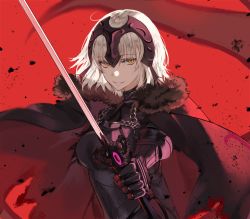 Rule 34 | 1girl, armor, armored dress, black cape, black dress, cape, dress, fate/grand order, fate (series), grin, hair between eyes, headpiece, holding, holding sword, holding weapon, jeanne d&#039;arc (fate), jeanne d&#039;arc alter (avenger) (fate), jeanne d&#039;arc alter (fate), kim eb, looking at viewer, red background, short hair, silver hair, smile, solo, sword, upper body, weapon, yellow eyes