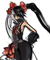 Rule 34 | 10s, 1girl, blade &amp; soul, eyepatch, female focus, flat chest, gauntlets, hand on own hip, hip focus, long hair, multicolored hair, pohwaran, red ribbon, ribbon, simple background, solo, standing, twintails, two-tone hair, white background