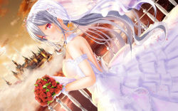 Rule 34 | 1girl, bare shoulders, bouquet, breasts, bridal veil, castle, dress, dutch angle, fantasy, flower, girlfriend (kari), highres, holding, holding bouquet, long hair, looking at viewer, masa (mirage77), medium breasts, pink eyes, ponytail, railing, shigeto akiho, silver hair, solo, standing, sunset, tiara, veil, wedding dress, white dress