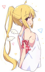Rule 34 | 1girl, ahoge, blonde hair, bocchi the rock!, breasts, dress, highres, ijichi nijika, long hair, looking at viewer, mel (melty pot), open mouth, polka dot, polka dot ribbon, red eyes, red ribbon, ribbon, side ponytail, sidelocks, sleeveless, sleeveless dress, small breasts, smile, solo, white dress, wings