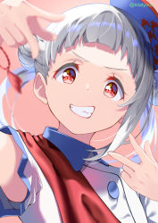 Rule 34 | 1girl, arashi chisato, commentary, double bun, english commentary, grin, hair bun, hat, kitatyoco, looking at viewer, love live!, love live! superstar!!, pink background, red eyes, sash, single sidelock, smile, solo, start!! true dreams (love live!), twitter username, white hair
