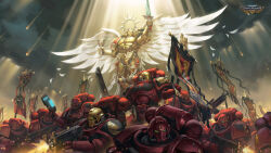 Rule 34 | 6+boys, absurdres, armor, banner, battle standard, blonde hair, blood angels, bolter, breastplate, chainsword, chalice, copyright name, cup, feathered wings, feathers, full armor, gauntlets, gem, gold, gold armor, gold trim, greaves, green eyes, halo, heavy bolter, highres, holding, holding cup, holding sword, holding weapon, imperial aquila, jewelry, light rays, living saint, meteor, meteor shower, multiple boys, ornate, ornate armor, pauldrons, plasma pistol, power armor, purity seal, red gemstone, sanguinor, shoulder armor, sunbeam, sunlight, sword, vambraces, war banner, warhammer 40k, weapon, wings, zhanghan