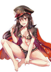 Rule 34 | 1girl, ankle grab, bikini, black bikini, black hat, blush, breasts, breasts apart, brown hair, cape, commentary request, family crest, fate/grand order, fate (series), fingernails, hair between eyes, hand up, hat, headphones, headphones around neck, highres, koha-ace, konka, long hair, medium breasts, military hat, nail polish, navel, oda nobunaga (fate), oda nobunaga (koha-ace), oda nobunaga (swimsuit berserker) (second ascension) (fate), oda uri, open mouth, peaked cap, pink nails, pixiv fate/grand order contest 2, red cape, red eyes, simple background, sitting, solo, swimsuit, very long hair, wet, white background