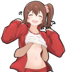 Rule 34 | 1boy, 1girl, ?, blush, grabbing another&#039;s breast, brown hair, closed eyes, clothes lift, collarbone, commentary, from behind, grabbing, groin, hair between eyes, hair ornament, hairclip, hands up, highres, idolmaster, idolmaster million live!, jacket, jinoyou, kasuga mirai, long sleeves, medium hair, navel, no bra, open clothes, open jacket, open mouth, pants, pink scrunchie, red jacket, red pants, scrunchie, shirt, shirt lift, side ponytail, sleeves past wrists, smile, stomach, sweat, track jacket, upper body, white background, white shirt, zipper pull tab
