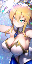 Rule 34 | 1girl, animal ears, artoria pendragon (all), artoria pendragon (fate), artoria pendragon (lancer) (fate), artoria pendragon (swimsuit ruler) (fate), bad face, blonde hair, blue neckwear, blue pantyhose, braid, breasts, clothing cutout, detached collar, fake animal ears, fate/grand order, fate (series), french braid, green eyes, hair between eyes, highleg, highleg leotard, highres, large breasts, leotard, musical note, navel cutout, nichigeckoh, pantyhose, playboy bunny, rabbit ears, rabbit girl, solo, spoken musical note, swept bangs, tiara, white leotard, wrist cuffs