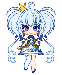 Rule 34 | 1girl, ahoge, back bow, bare shoulders, blue bow, blue bowtie, blue eyes, blue flower, blue footwear, blue hair, blue ribbon, blue rose, blue thighhighs, bow, bowtie, closed mouth, corset, crown, detached collar, dress, drill hair, female focus, flat chest, flower, full body, hair ribbon, hand on own chest, hand up, happy, heart, heart in eye, heterochromia, knees together feet apart, long hair, looking at viewer, mini crown, muguet, original, purple eyes, ribbon, rose, shoes, short dress, simple background, single thighhigh, smile, solo, standing, straight-on, strapless, strapless dress, symbol in eye, thighhighs, tilted headwear, twin drills, twintails, very long hair, white background, wrist cuffs, yellow headwear