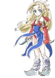 Rule 34 | 1girl, armband, blonde hair, breasts, brown hair, closed mouth, commentary request, criss-cross halter, dress, hair tubes, halterneck, halterneck, imu (lom), legend of mana, long hair, looking at viewer, s-a-murai, seiken densetsu, simple background, smile, solo, weapon, white background