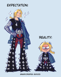 Rule 34 | 1boy, 3:, anger vein, angry, black pants, black shirt, blonde hair, blue background, blue jacket, braid, braided ponytail, chibi, closed mouth, commentary, dated, edward elric, english commentary, expectations/reality, frown, full body, fullmetal alchemist, highres, jacket, jacket on shoulders, killer:jeans, long hair, looking at viewer, male focus, marycrispies, meme attire, pants, parted bangs, prosthesis, prosthetic arm, shirt, simple background, sleeveless, sleeveless shirt, smile, sparkle, spiked pants, twitter username