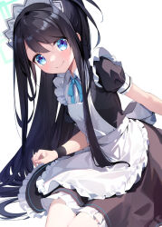 Rule 34 | 1girl, aris (blue archive), aris (maid) (blue archive), black dress, black hair, blue archive, blue eyes, blue ribbon, closed mouth, collared dress, commentary request, dress, frilled dress, frills, hair between eyes, halo, leaning forward, long hair, maid, maid headdress, nanamomo rio, neck ribbon, ponytail, puffy short sleeves, puffy sleeves, ribbon, short sleeves, simple background, sitting, smile, solo, very long hair, white background, wrist cuffs