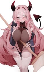 Rule 34 | 1girl, black leotard, blush, breasts, covered erect nipples, cross hair ornament, demon girl, demon horns, demon tail, detached sleeves, grey eyes, hair ornament, heterochromia, highres, holding, holding mop, horn ornament, horns, large breasts, leotard, long hair, looking at viewer, mop, original, pink eyes, pink hair, pointy ears, rabbit (wlsdnjs950), simple background, solo, sweat, tail, thighhighs, very long hair, white background, white thighhighs
