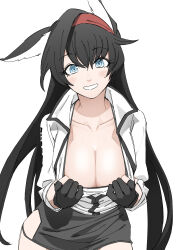 Rule 34 | 1girl, absurdres, animal ears, arknights, black gloves, black hair, black skirt, blaze (arknights), blush, breasts, cat ears, cat girl, cleavage, clothes pull, collared shirt, commentary request, gloves, green eyes, highres, large breasts, long hair, long sleeves, looking at viewer, partially fingerless gloves, pulled by self, rasupekuto, shirt, shirt pull, simple background, skirt, smile, solo, teeth, white background, white shirt