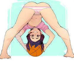 Rule 34 | 1girl, absurdres, ass, ball, bandaged arm, bandages, barefoot, basketball, basketball (object), bent over, blouse, breasts, brown eyes, female focus, from behind, full body, grin, highres, holding, holding ball, kanbaru suruga, kneepits, looking at viewer, medium breasts, monogatari (series), navel, negsus, no bra, no pants, panties, panty pull, pink panties, pink shirt, purple hair, shirt, smile, solo, striped clothes, striped panties, t-shirt, thick eyebrows, underboob, underwear, upshirt, upside-down