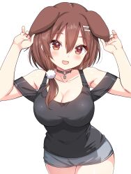 Rule 34 | 1girl, :d, animal ears, armpit peek, bare shoulders, black choker, black shirt, blush, breasts, brown hair, choker, cleavage, collarbone, cowboy shot, dog ears, dog girl, floppy ears, grey shorts, hair between eyes, hair over shoulder, hand on own ear, hands up, highres, hololive, inugami korone, ishida aya, large breasts, legs together, long hair, looking at viewer, low-tied long hair, o-ring, o-ring choker, open mouth, orange eyes, shirt, short shorts, shorts, sidelocks, simple background, sleeveless, sleeveless shirt, smile, solo, teeth, thighs, upper teeth only, virtual youtuber, white background