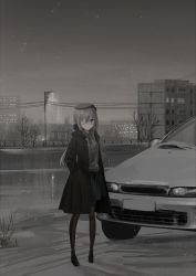 Rule 34 | 1girl, absurdres, bare tree, black footwear, black jacket, black pantyhose, black skirt, breasts, building, car, chihuri, collared shirt, commentary, dress shirt, english commentary, eve (chihuri), fence, grey shirt, hands in pockets, highres, jacket, lamppost, loafers, motor vehicle, night, open clothes, open jacket, original, outdoors, overcast, pantyhose, pleated skirt, power lines, shirt, shoes, skirt, sky, small breasts, snow, snowing, solo, standing, tree, vehicle request