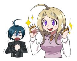 Rule 34 | 1boy, 1girl, :d, ahoge, akamatsu kaede, beamed eighth notes, black hair, blonde hair, breasts, danganronpa (series), danganronpa v3: killing harmony, eighth note, fortissimo, furukawa (yomawari), hair between eyes, hair ornament, highres, holding, holding weapon, jacket, large breasts, long hair, long sleeves, looking at viewer, male focus, musical note, musical note hair ornament, necktie, open mouth, orange neckwear, purple eyes, saihara shuichi, shaded face, shirt, short hair, smile, sparkle, sweater vest, trembling, turn pale, upper body, weapon, white background, white shirt, yellow eyes