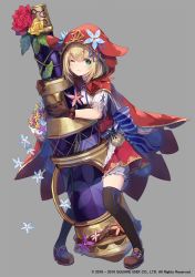 Rule 34 | 1girl, black thighhighs, blonde hair, bloomers, brown gloves, cannon, cape, dress, gloves, green eyes, grey background, grimms notes, hood, little red riding hood (grimms notes), makihitsuji, hugging object, official art, one eye closed, oversized object, red cape, red dress, red hood, shoes, short hair, simple background, solo, thighhighs, underwear, weapon