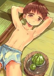 Rule 34 | blush, child, coin rand, food, fruit, male focus, melon, topless male, sweat