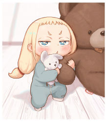 Rule 34 | 1girl, :&lt;, blonde hair, blue eyes, blurry, blurry background, blush, bow, bowtie, brown bow, brown bowtie, child, frown, grabbing, hair strand, hair tie, hug, hugging object, kozato (yu kozato), long hair, looking at viewer, low twintails, original, pajamas, sidelocks, sliding doors, socks, solo, stuffed animal, stuffed toy, teddy bear, thick eyebrows, twintails, white socks
