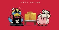 Rule 34 | apron, black apron, closed mouth, food, fusion, hair bun, halftone, hands on own hips, helltaker, helltaker (character), highres, horns, king dedede, kirby, kirby (series), lucifer (helltaker), mole, mole under eye, nintendo, notice lines, pancake, parody, rariatto (ganguri), red background, red eyes, red footwear, shoes, simple background, single hair bun, smile, smug, sunglasses, table, title parody, white hair
