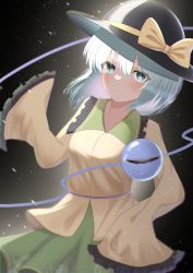 Rule 34 | 1girl, absurdres, anima miko, black background, black hat, bow, closed mouth, cowboy shot, frilled sleeves, frills, green hair, green skirt, hat, hat bow, highres, komeiji koishi, long sleeves, looking at viewer, shirt, short hair, simple background, skirt, sleeves past fingers, sleeves past wrists, smile, solo, standing, third eye, touhou, wide sleeves, yellow bow, yellow shirt