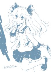 Rule 34 | 10s, 1girl, artist name, bag, blue theme, hair ornament, histoire, long hair, monochrome, necktie, neptune (series), open mouth, school uniform, shiitake urimo, sketch, solo, thighhighs, twintails, twitter username