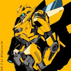 Rule 34 | 1boy, 2016, arm cannon, artist name, autobot, blue eyes, bumblebee, cannon, dated, glowing, glowing eyes, insignia, kamizono (spookyhouse), looking at viewer, machine, machinery, mecha, no humans, robot, transformers, transformers (live action), twitter username, weapon, yellow background