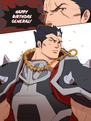 Rule 34 | 1boy, armor, black hair, blush, chest armor, darius (league of legends), falloutbart, flower, flower necklace, green eyes, jewelry, league of legends, looking at viewer, male focus, mature male, multicolored hair, muscular, muscular male, necklace, scar, scar across eye, scarf, shoulder pads, sideburns, solo, speech bubble, spiked hair, spikes, teeth, twitter username, upper body, veins, white hair