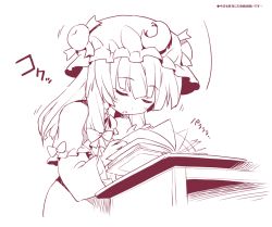 Rule 34 | 1girl, betei, blush, book, crescent, crescent hair ornament, hair ornament, hat, mob cap, monochrome, open mouth, patchouli knowledge, sleeping, solo, touhou