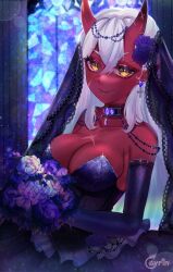 Rule 34 | 1girl, absurdres, akumi (yoclesh), ayrinsama, ayrinsama, black dress, black gloves, black veil, bouquet, breasts, colored skin, commentary request, cross, cross earrings, dress, earrings, elbow gloves, facial scar, flower, gloves, hair flower, hair ornament, highres, holding, holding bouquet, horns, jewelry, large breasts, long hair, looking at viewer, oni, oni horns, pointy ears, red skin, scar, scar on cheek, scar on chest, scar on face, single earring, smile, solo, veil, virtual youtuber, vyugen, wedding dress, white hair, yellow eyes